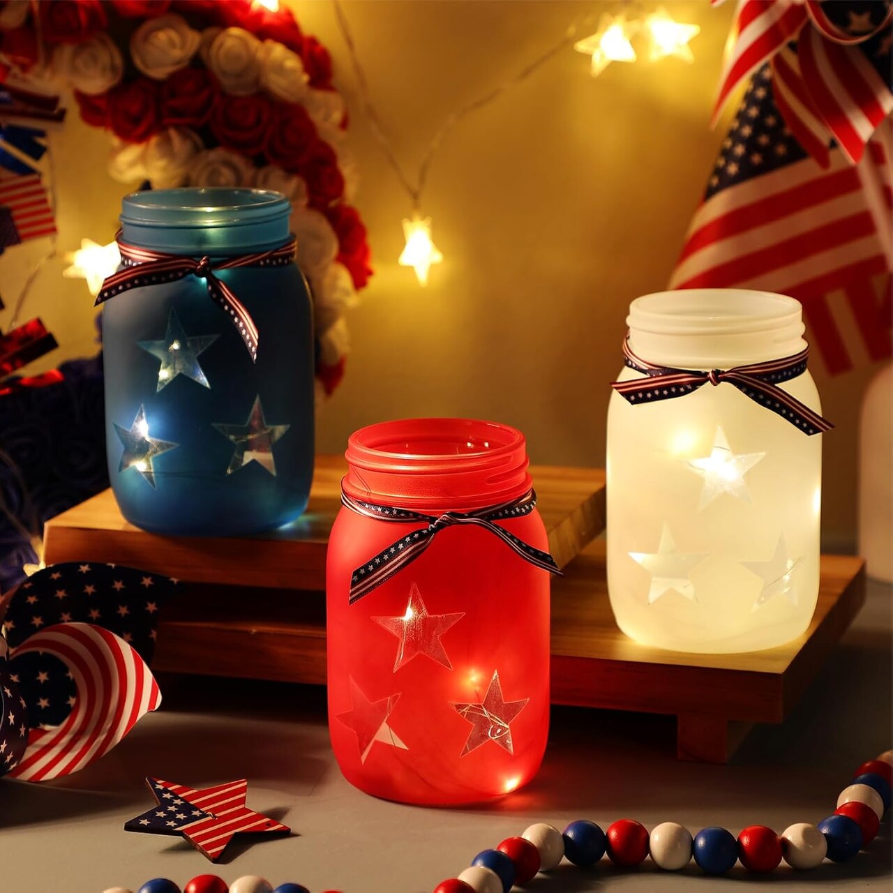 4th of July Patriotic Table Decoration Set Rustic Mason Jar Tea Light Candle Holders with String Lights for Independence Day Centerpiece Transparent Mason Jars Labor Day Supplies